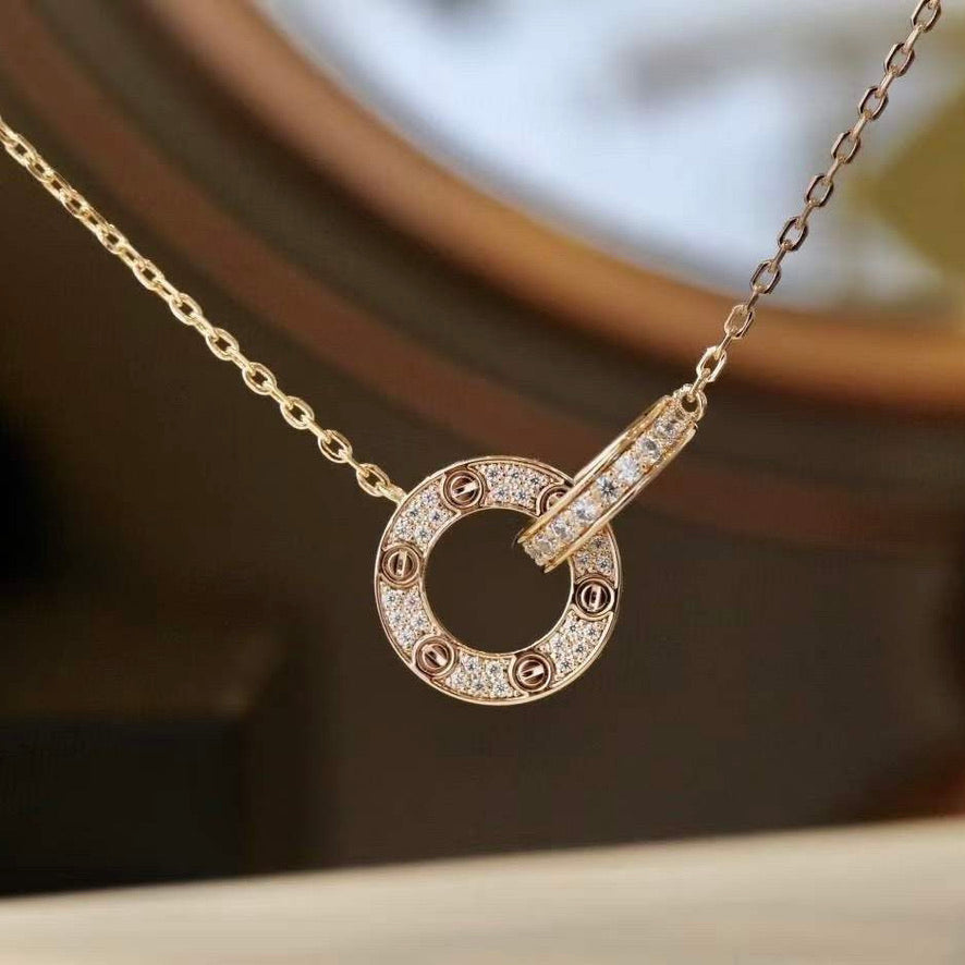 [⭐Lioran]LOVE 7.6MM NECKLACE ROSE GOLD AND SILVER  FULL DIAMOND