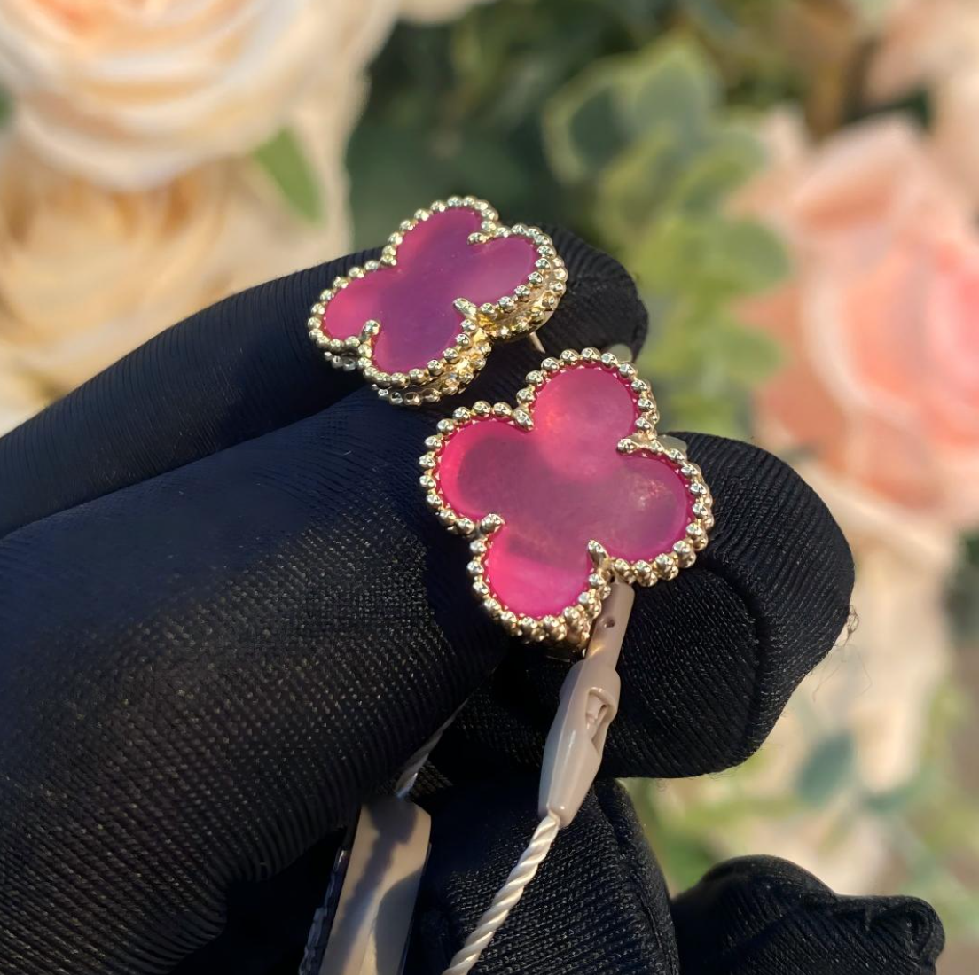[⭐Lioran]NEW CLOVER 15MM PINK ENAMEL STUD EARRINGS
