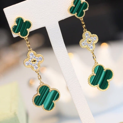 [⭐Lioran]CLOVER EARRINGS GOLD MALACHITE DIAMOND 3 MOTIF
