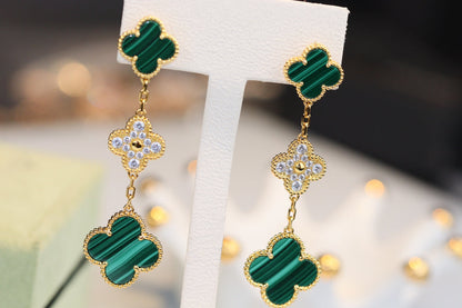 [⭐Lioran]CLOVER EARRINGS GOLD MALACHITE DIAMOND 3 MOTIF