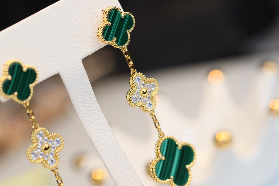[⭐Lioran]CLOVER EARRINGS GOLD MALACHITE DIAMOND 3 MOTIF