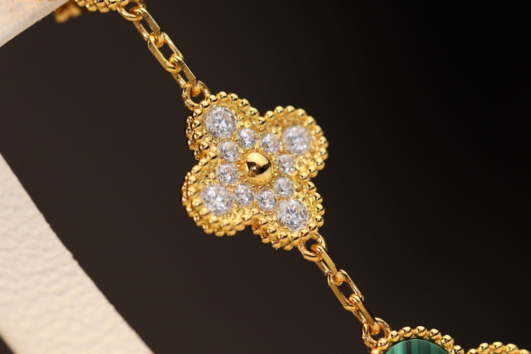 [⭐Lioran]CLOVER EARRINGS GOLD MALACHITE DIAMOND 3 MOTIF