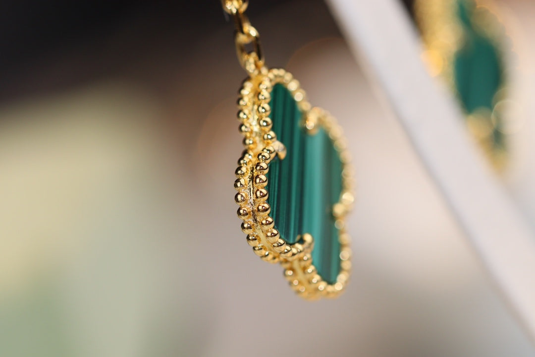 [⭐Lioran]CLOVER EARRINGS GOLD MALACHITE DIAMOND 3 MOTIF
