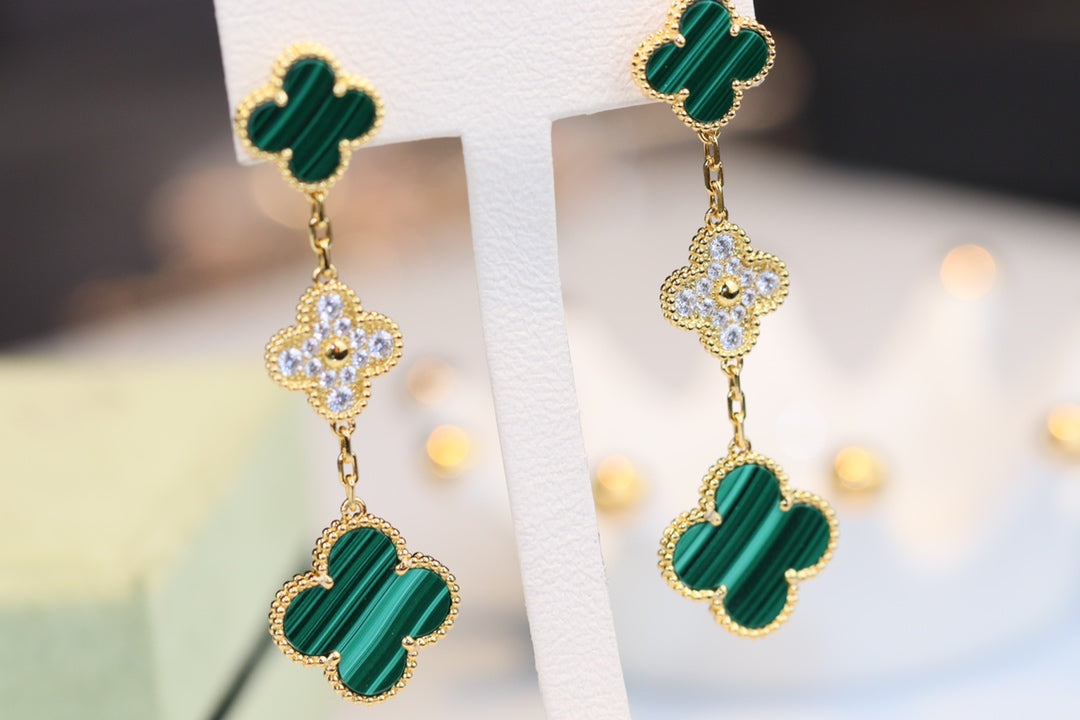 [⭐Lioran]CLOVER EARRINGS GOLD MALACHITE DIAMOND 3 MOTIF