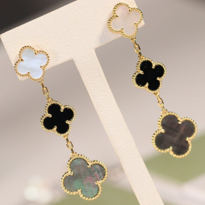 [⭐Lioran]CLOVER EARRINGS GOLD ONYX MOP 3 MOTIF