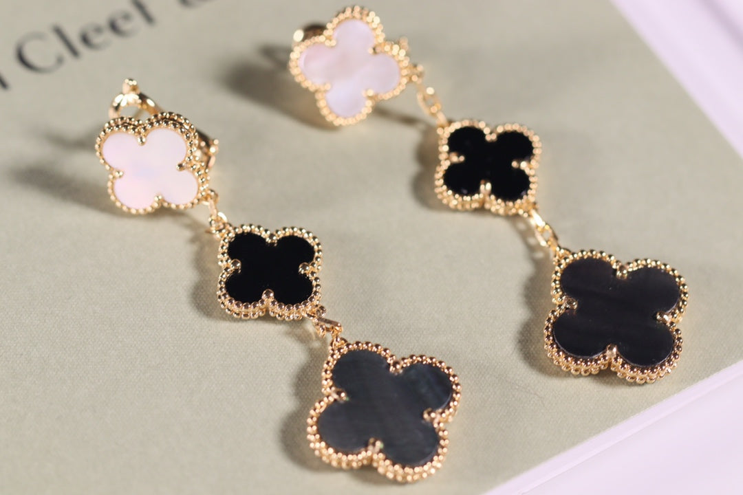 [⭐Lioran]CLOVER EARRINGS GOLD ONYX MOP 3 MOTIF