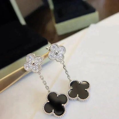 [⭐Lioran]CLOVER 2 MOTIFS  DIAMOND ONYX EARRINGS SILVER