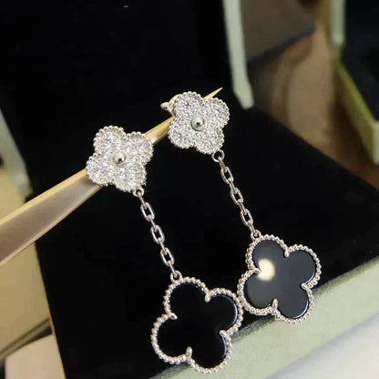 [⭐Lioran]CLOVER 2 MOTIFS  DIAMOND ONYX EARRINGS SILVER