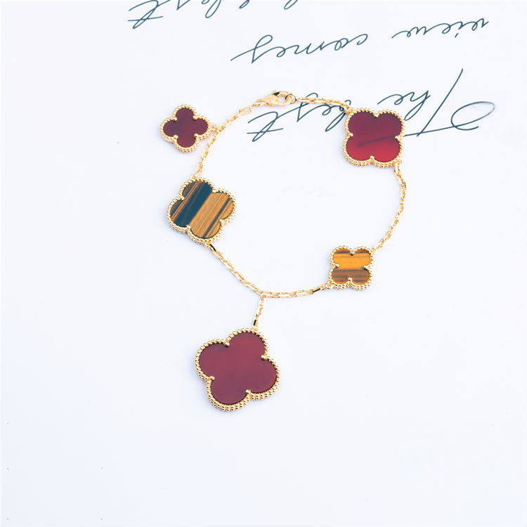 [⭐Lioran]CLOVER BRACELET 5 MOTIFS CARNELIAN TIGER EYE