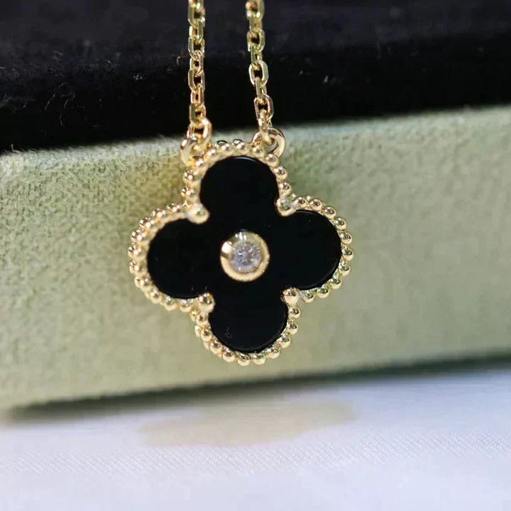 [⭐Lioran]CLOVER 15MM DIAMOND ONYX NECKLACE