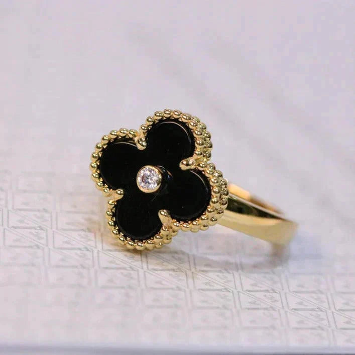 [⭐Lioran]CLOVER ONYX RING GOLD DIAMOND
