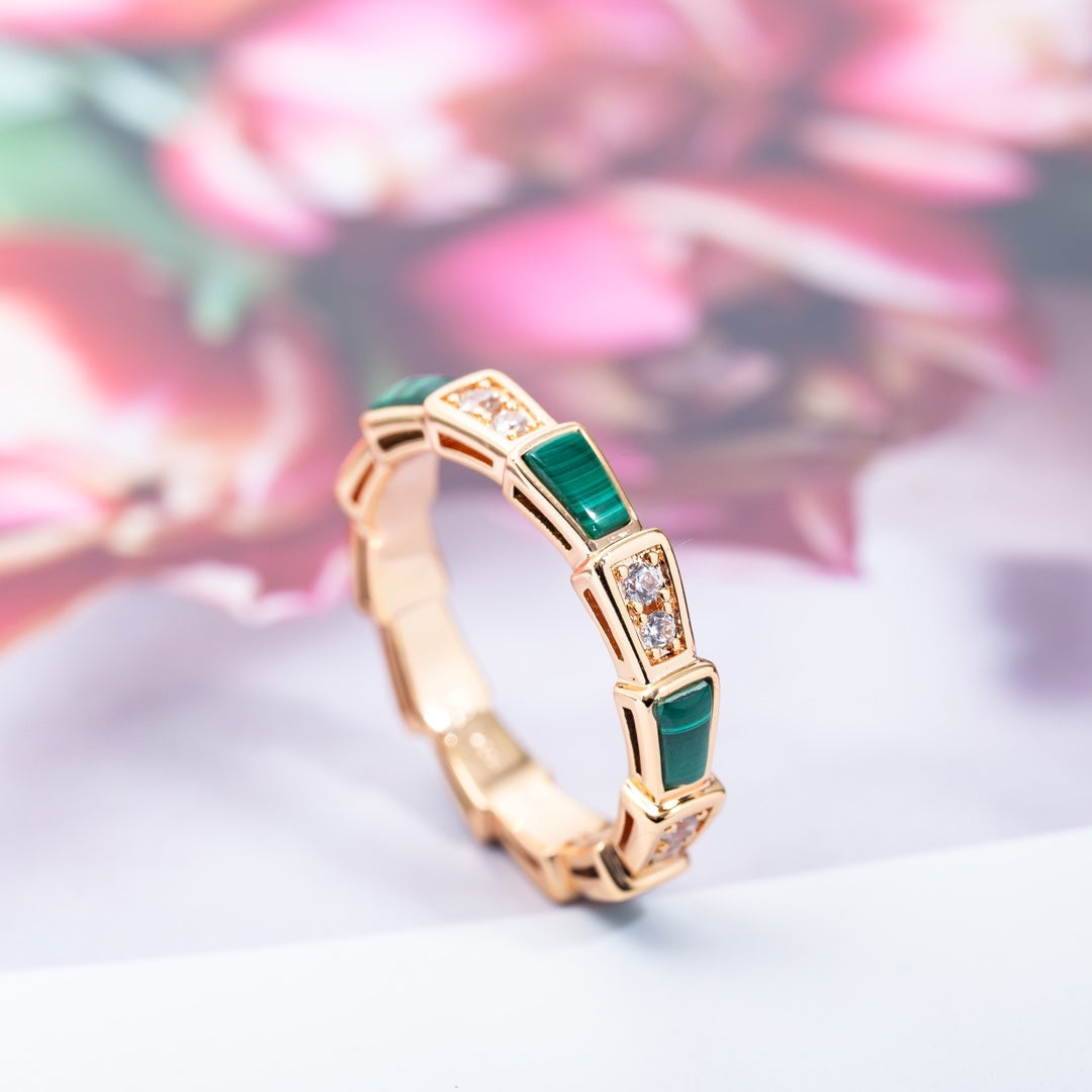 [⭐Lioran]SERPENTI RING PINK GOLD MALACHITE DIAMOND 3MM