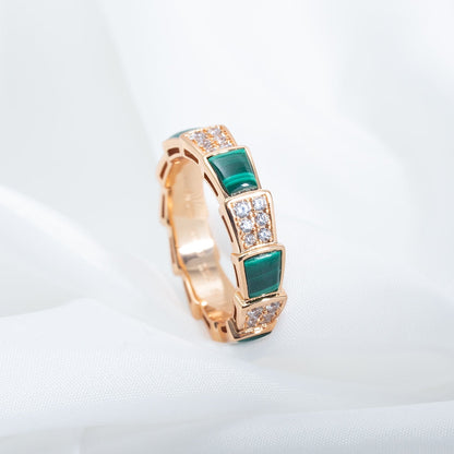 [⭐Lioran]SERPENTI RING PINK GOLD MALACHITE DIAMOND PAVED 4MM