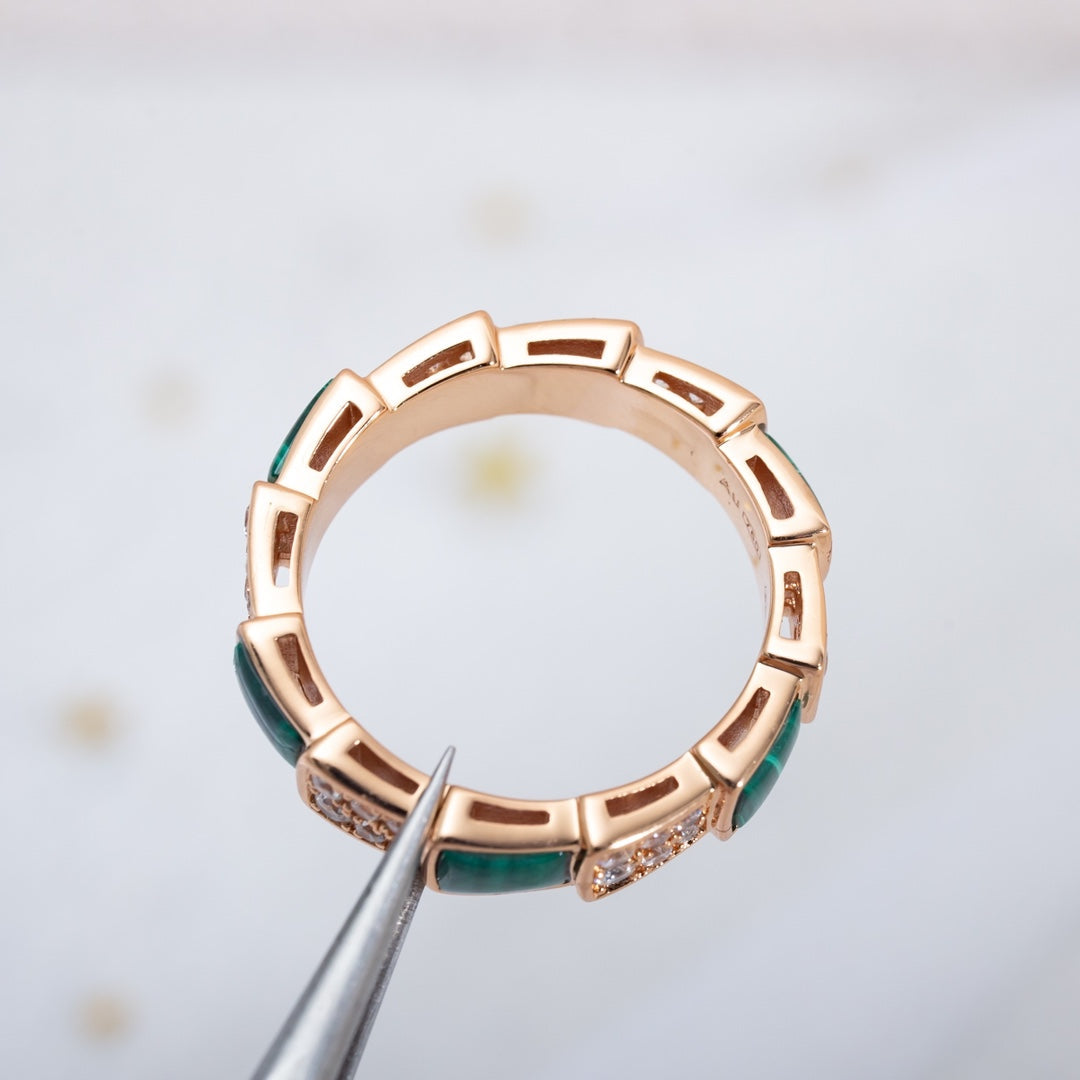 [⭐Lioran]SERPENTI RING PINK GOLD MALACHITE DIAMOND PAVED 4MM