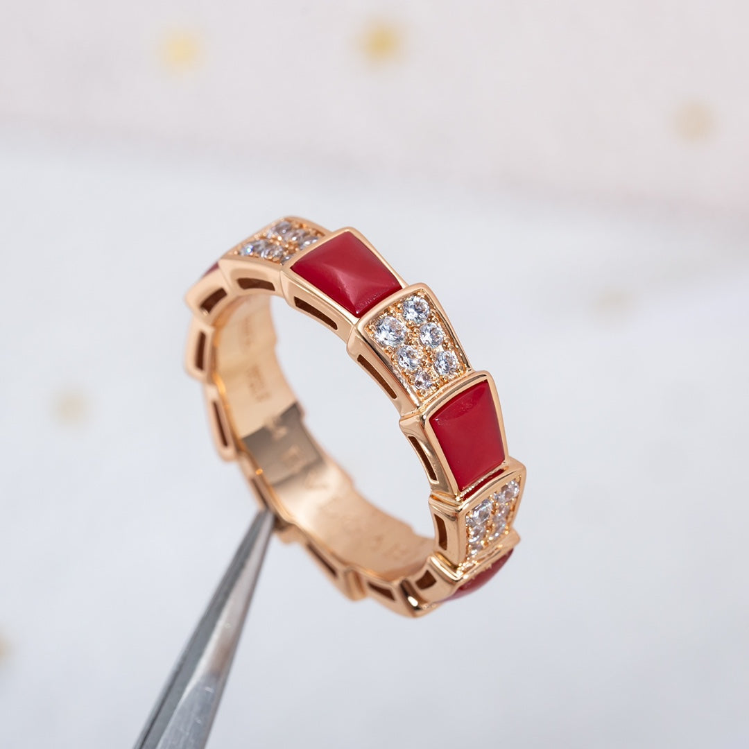 [⭐Lioran]SERPENTI RING PINK GOLD CARNELIAN DIAMOND PAVED 4MM