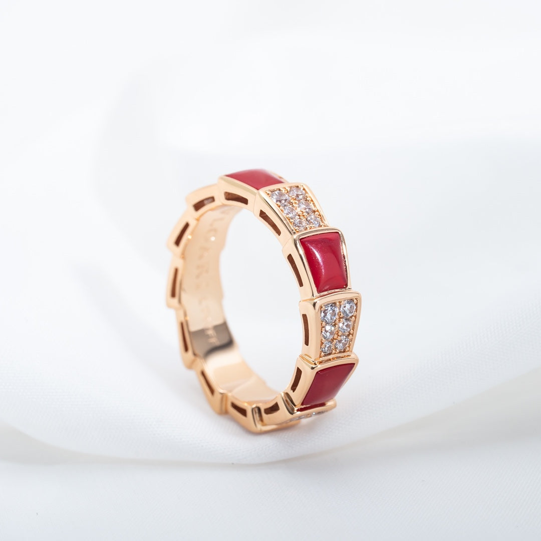 [⭐Lioran]SERPENTI RING PINK GOLD CARNELIAN DIAMOND PAVED 4MM