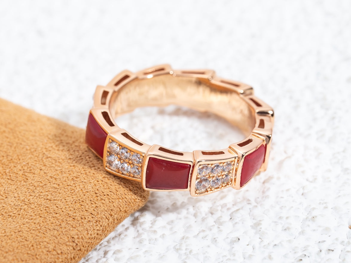 [⭐Lioran]SERPENTI RING PINK GOLD CARNELIAN DIAMOND PAVED 4MM