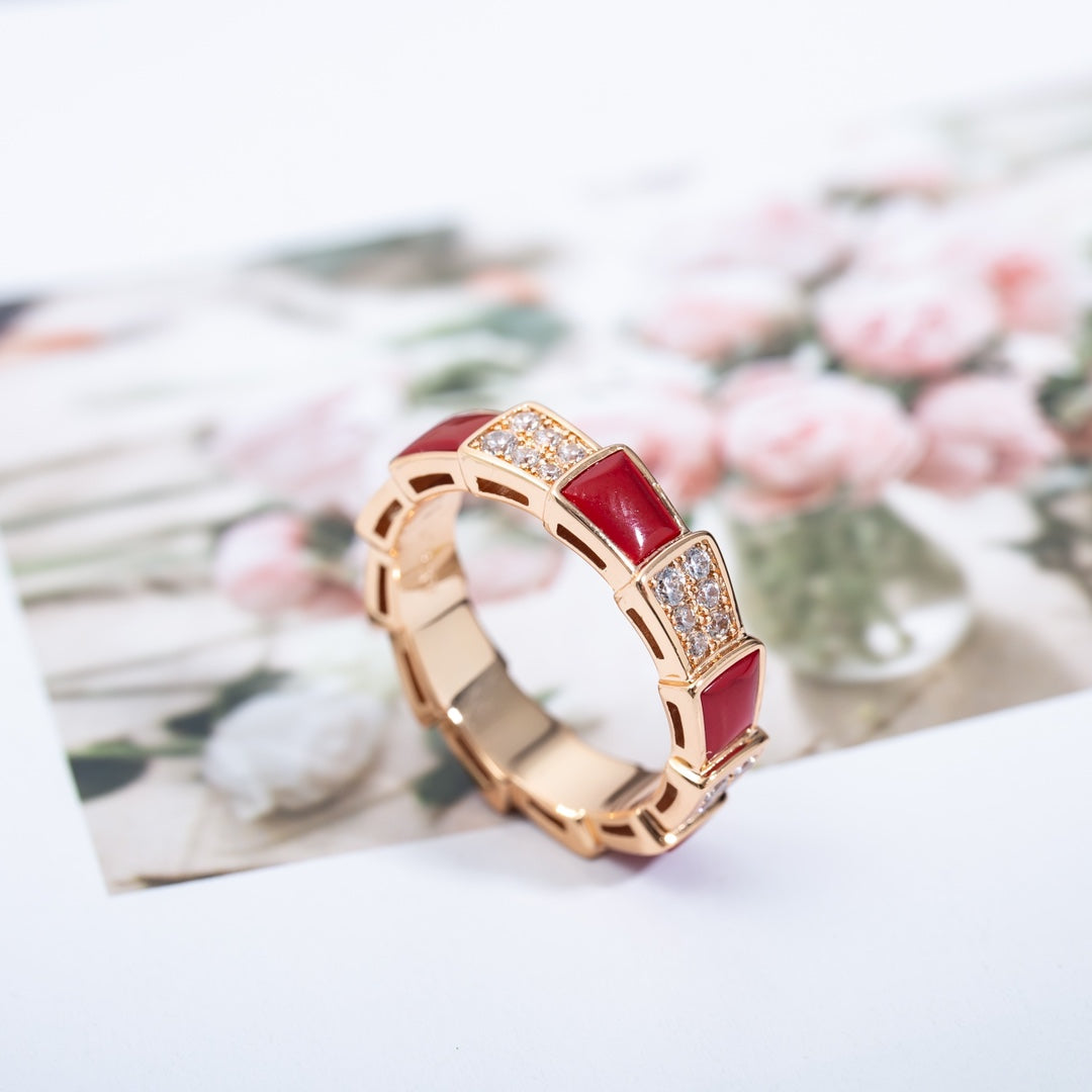 [⭐Lioran]SERPENTI RING PINK GOLD CARNELIAN DIAMOND PAVED 4MM