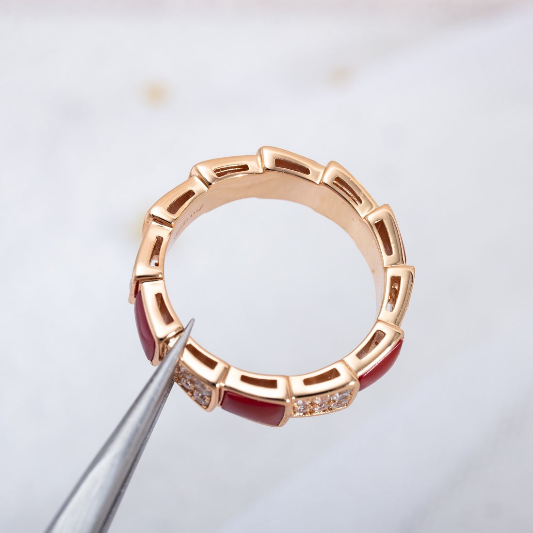 [⭐Lioran]SERPENTI RING PINK GOLD CARNELIAN DIAMOND PAVED 4MM