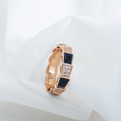 [⭐Lioran]SERPENTI RING PINK GOLD BLACK MOP DIAMOND PAVED 4MM