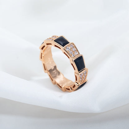 [⭐Lioran]SERPENTI RING PINK GOLD BLACK MOP DIAMOND PAVED 4MM