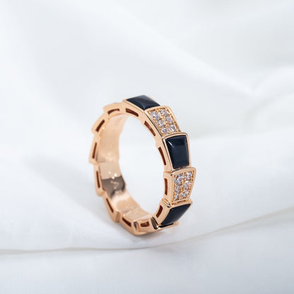 [⭐Lioran]SERPENTI RING PINK GOLD BLACK MOP DIAMOND PAVED 4MM