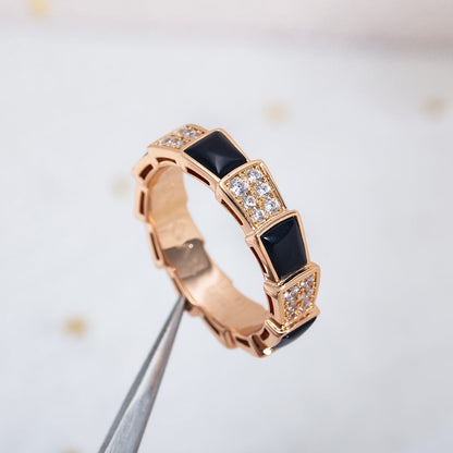 [⭐Lioran]SERPENTI RING PINK GOLD BLACK MOP DIAMOND PAVED 4MM