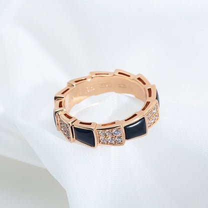 [⭐Lioran]SERPENTI RING PINK GOLD BLACK MOP DIAMOND PAVED 4MM