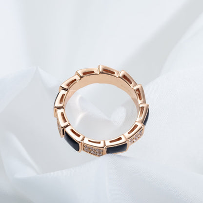 [⭐Lioran]SERPENTI RING PINK GOLD BLACK MOP DIAMOND PAVED 4MM