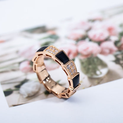 [⭐Lioran]SERPENTI RING PINK GOLD BLACK MOP DIAMOND PAVED 4MM