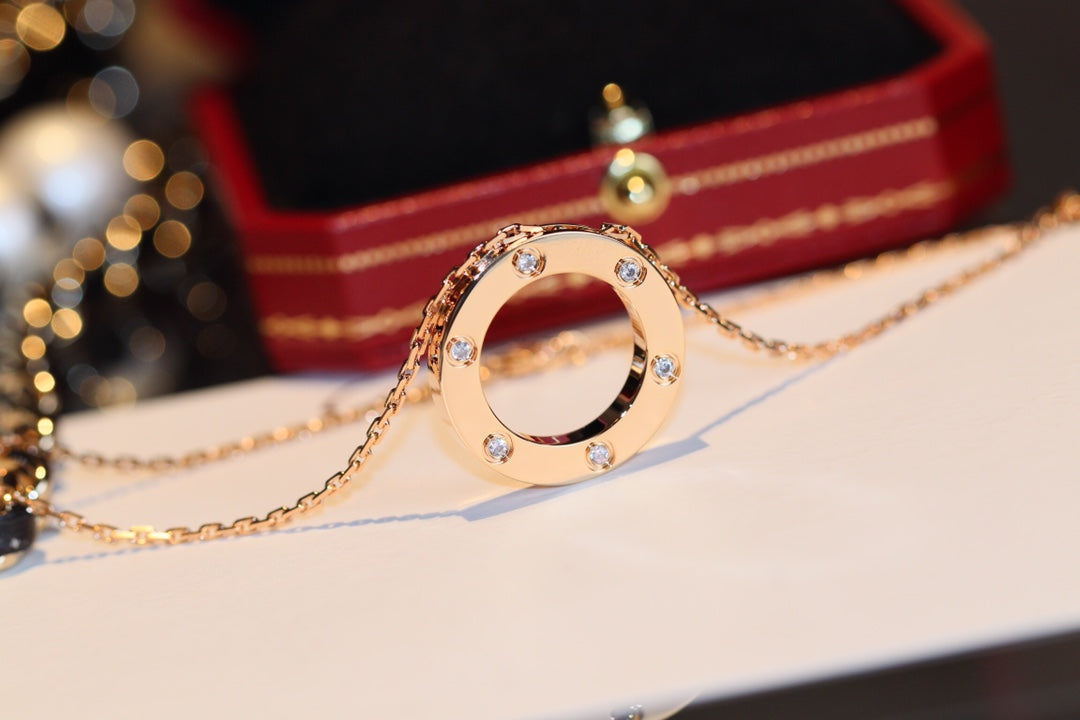 [⭐Lioran]LOVE NECKLACE 16MM 6 DIAMONDS PINK GOLD
