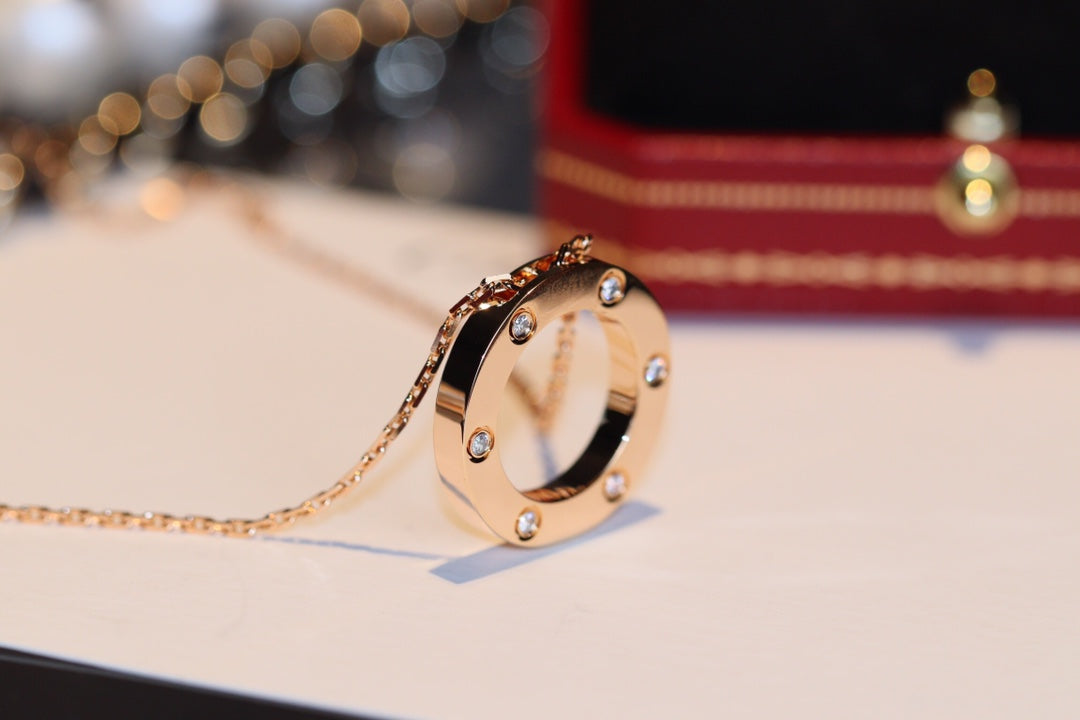 [⭐Lioran]LOVE NECKLACE 16MM 6 DIAMONDS PINK GOLD