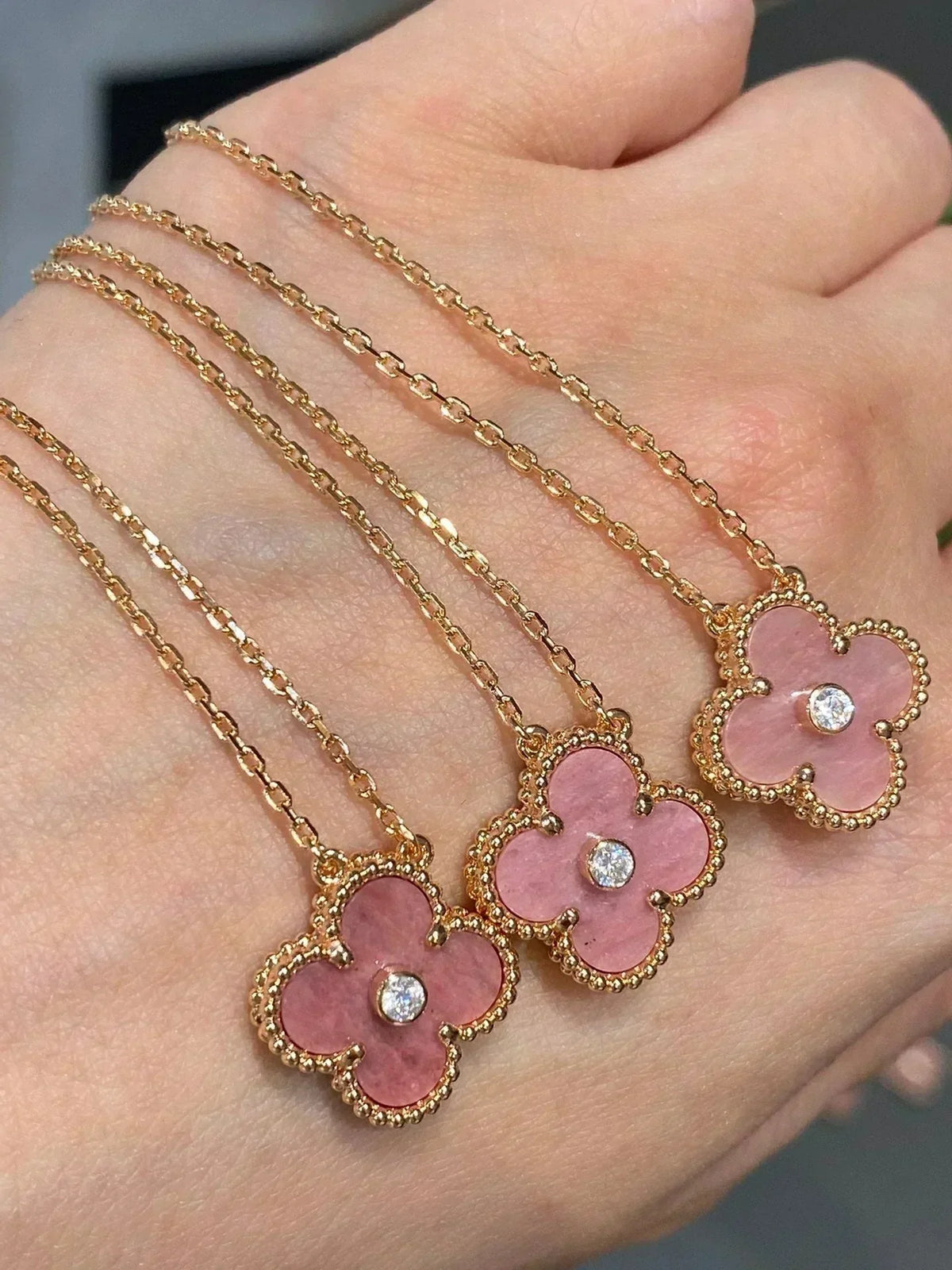 [⭐Lioran]CLOVER 15MM DIAMOND RHODONITE NECKLACE