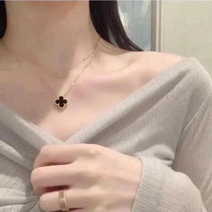 [⭐Lioran]CLOVER 15MM BLACK ONYX SINGLE FLOWER NECKLACE