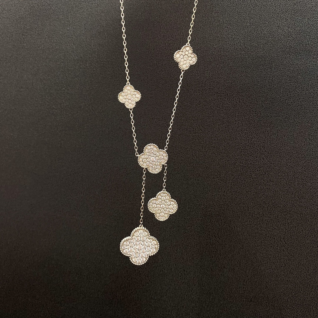 [⭐Lioran]CLOVER 5 MOTIFS SILVER DIAMONDS NECKLACE