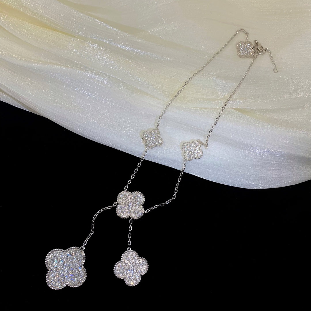 [⭐Lioran]CLOVER 5 MOTIFS SILVER DIAMONDS NECKLACE