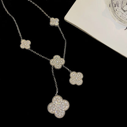 [⭐Lioran]CLOVER 5 MOTIFS SILVER DIAMONDS NECKLACE