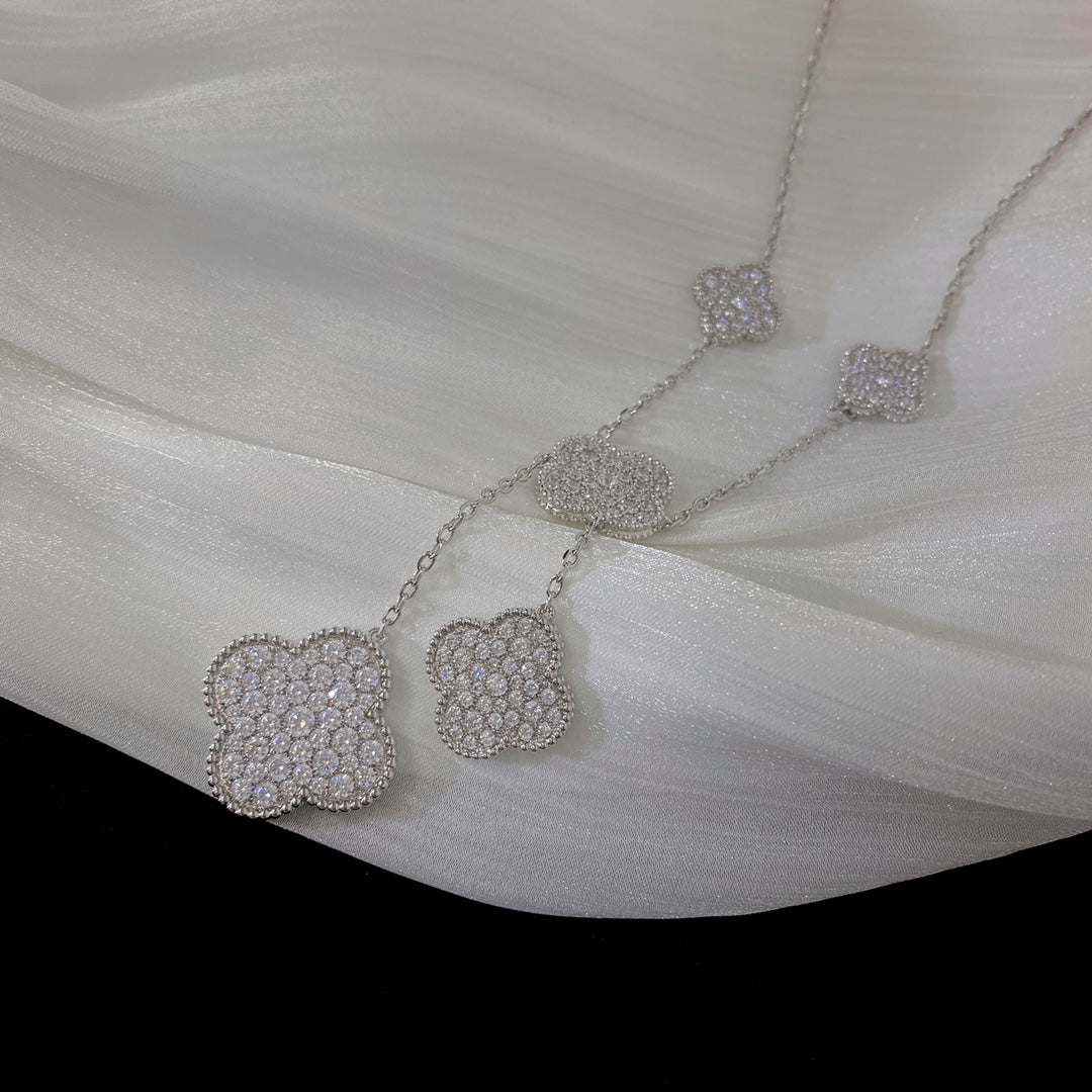 [⭐Lioran]CLOVER 5 MOTIFS SILVER DIAMONDS NECKLACE