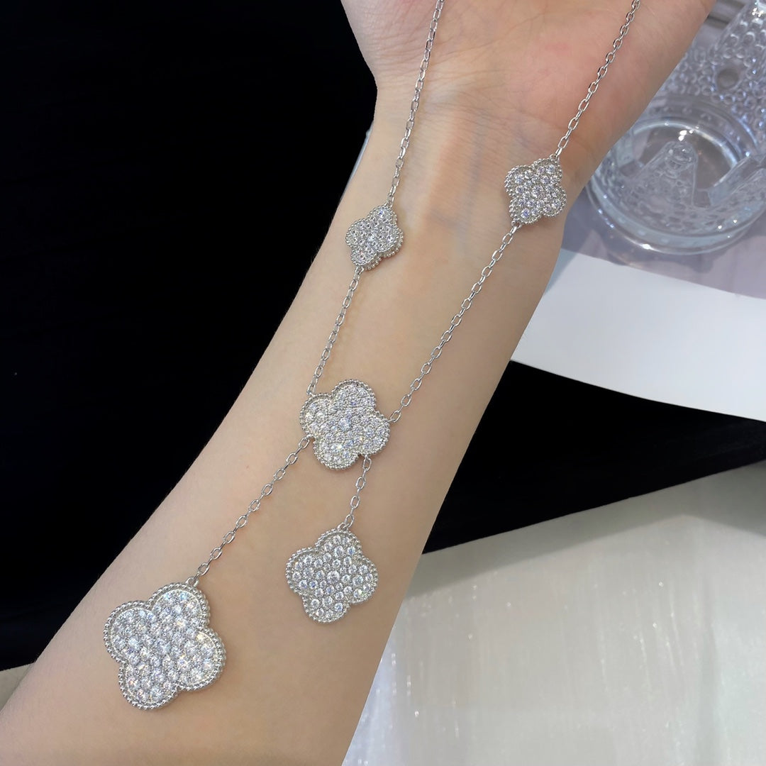 [⭐Lioran]CLOVER 5 MOTIFS SILVER DIAMONDS NECKLACE