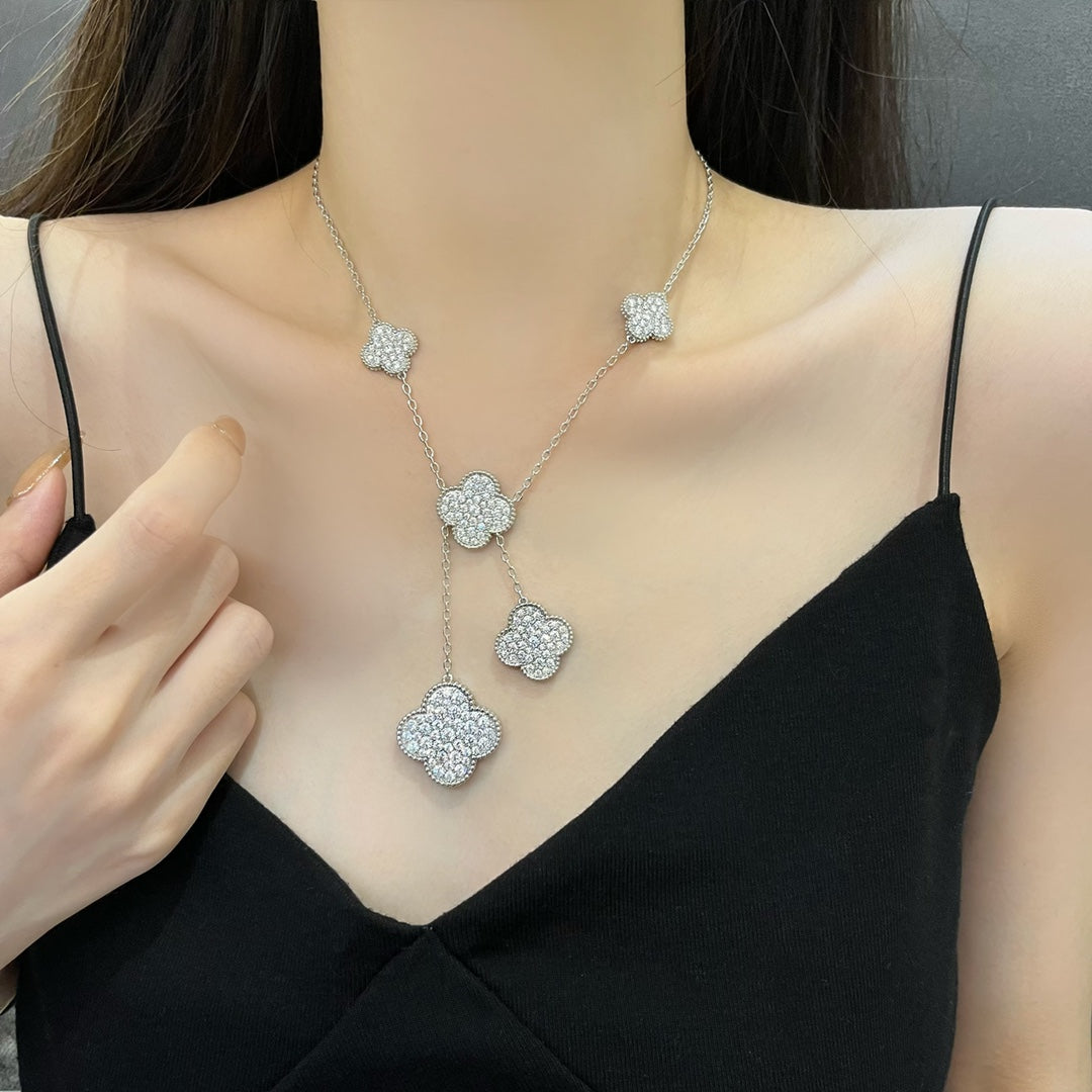 [⭐Lioran]CLOVER 5 MOTIFS SILVER DIAMONDS NECKLACE