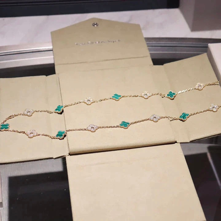 [⭐Lioran]CLOVER 20 MOTIFS MALACHITE DIAMOND NECKLACE