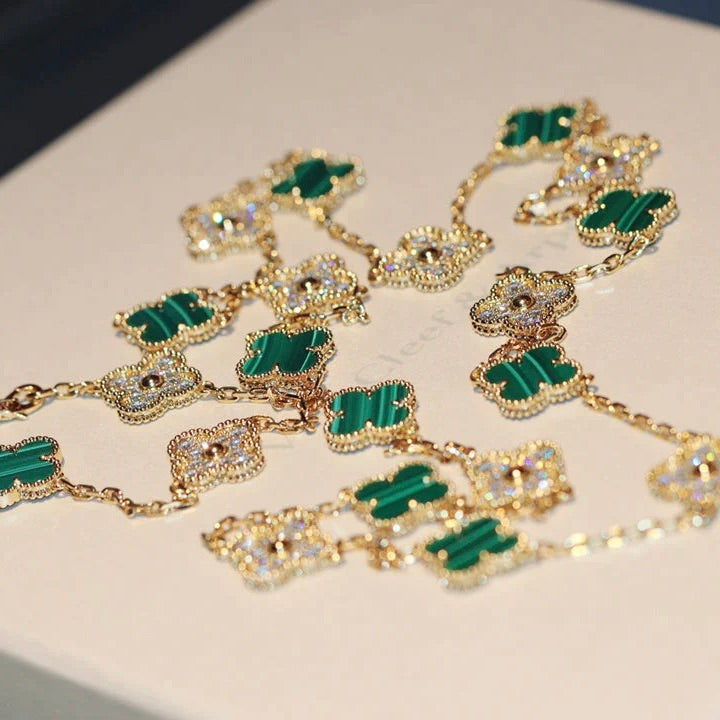 [⭐Lioran]CLOVER 20 MOTIFS MALACHITE DIAMOND NECKLACE