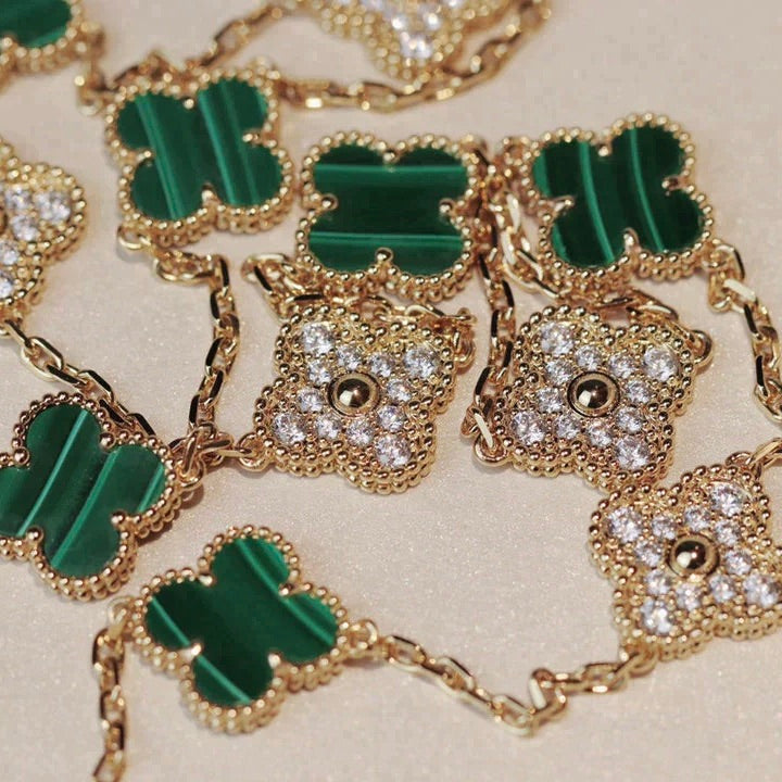 [⭐Lioran]CLOVER 20 MOTIFS MALACHITE DIAMOND NECKLACE