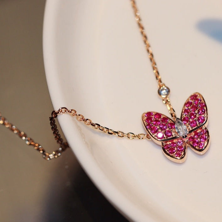 [⭐Lioran]BUTTERFLY RED DIAMOND ROSE GOLD NECKLACE