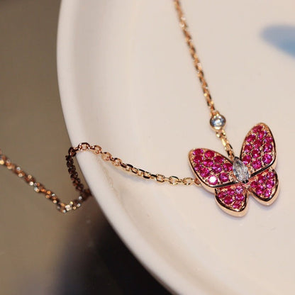 [⭐Lioran]BUTTERFLY RED DIAMOND ROSE GOLD NECKLACE