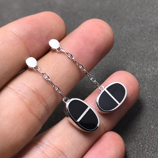 [⭐Lioran]CHAINE VERSO BLACK CERAMIC SILVER EARRINGS