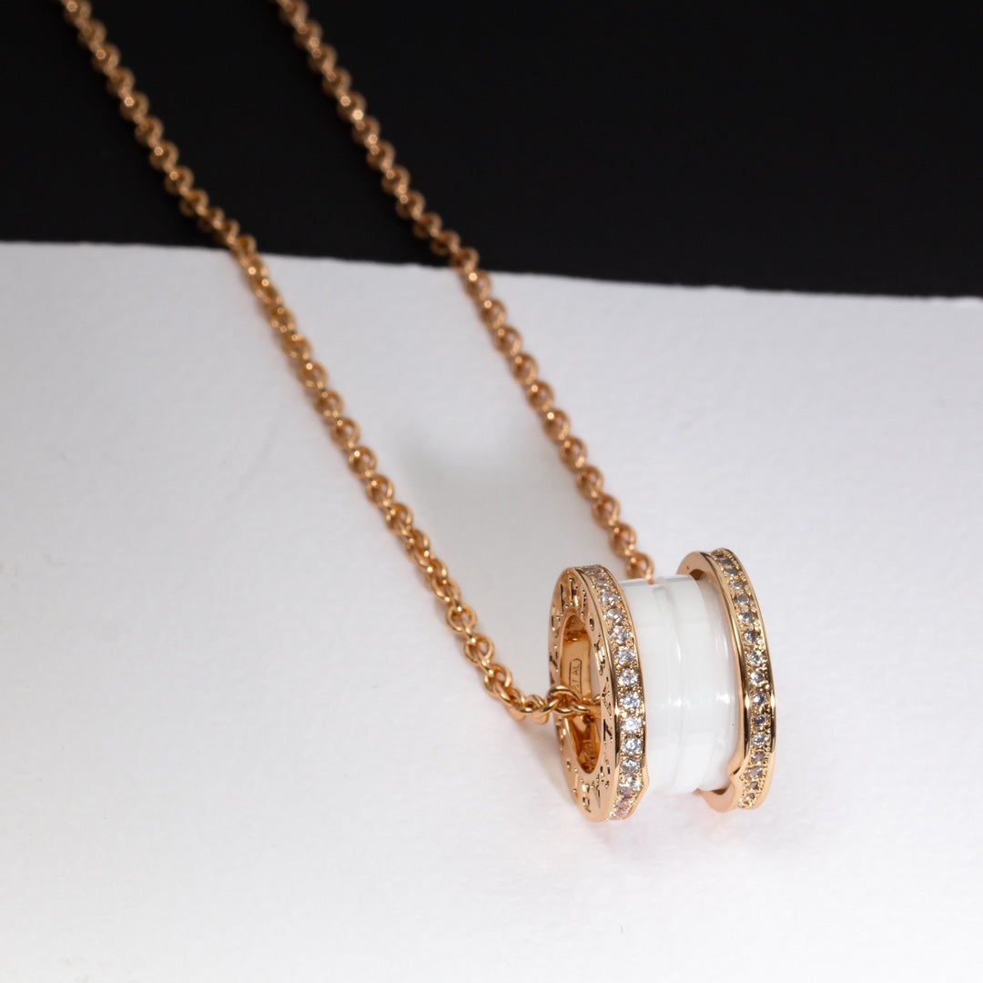 [⭐Lioran]ZERO 1 WHITE CERAMIC PINK GOLD DIAMOND NECKLACE