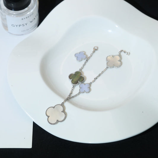 [⭐Lioran]CLOVER BRACELET 5 MOTIFS MOP CHALCEDONY SILVER