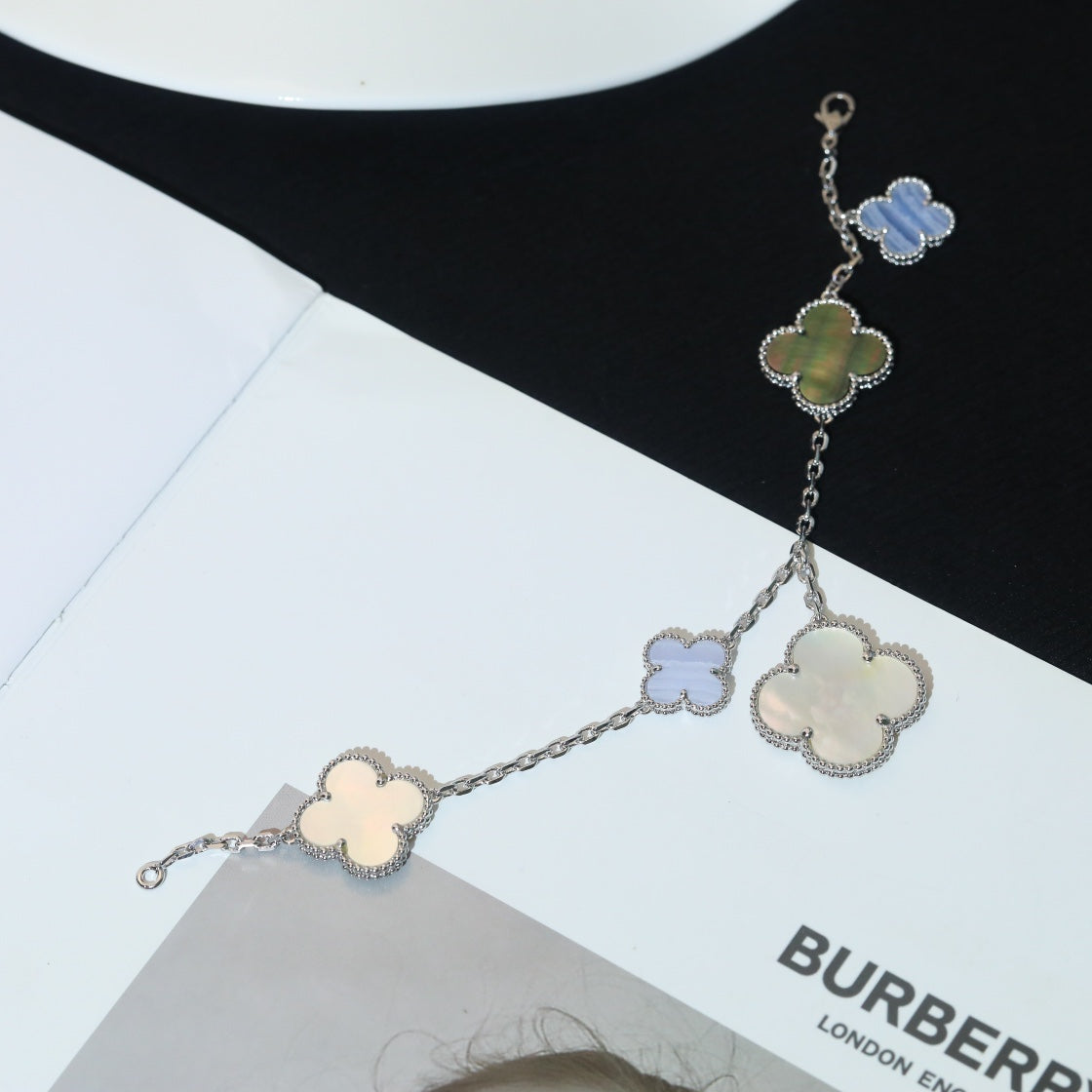 [⭐Lioran]CLOVER BRACELET 5 MOTIFS MOP CHALCEDONY SILVER