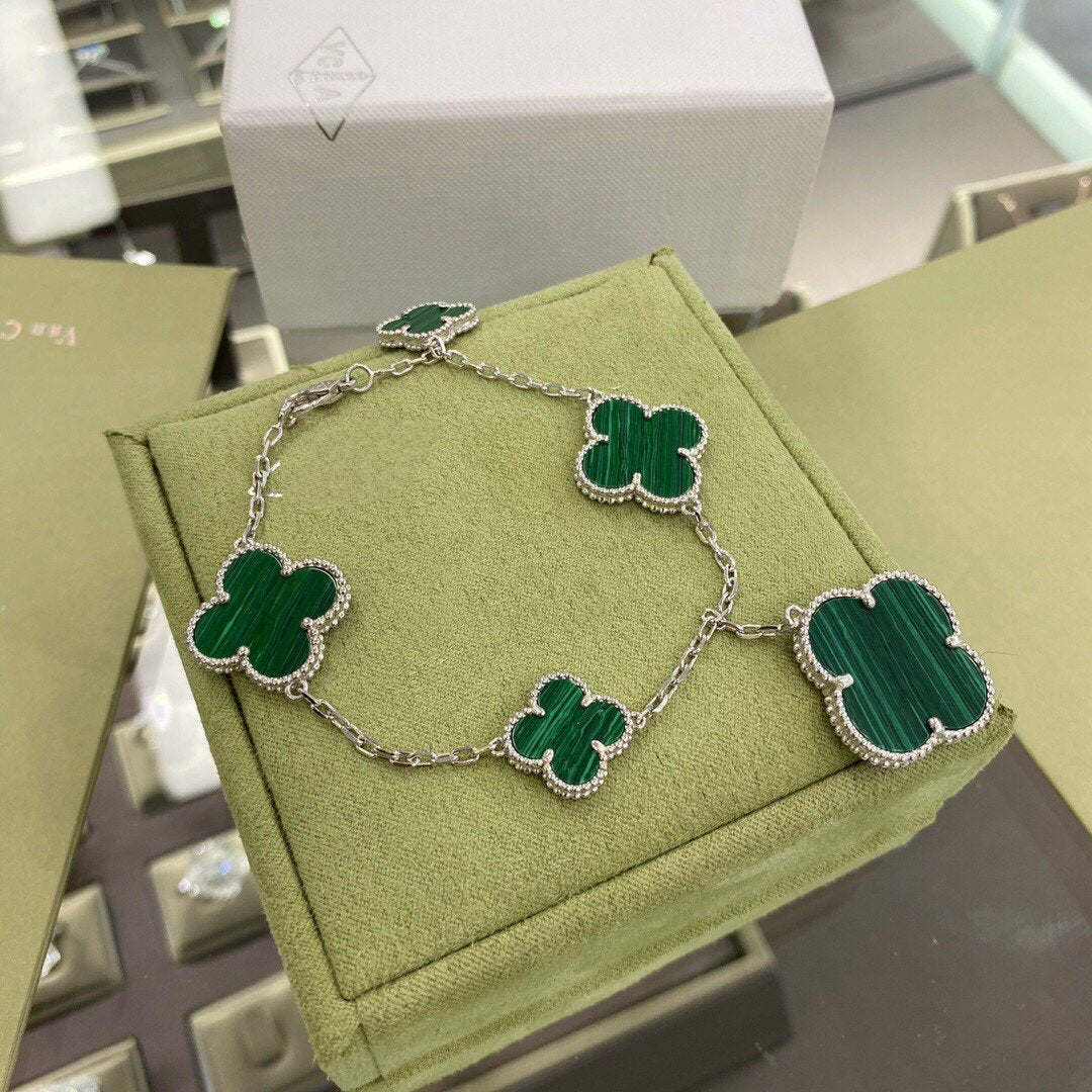[⭐Lioran]CLOVER 5 MOTIFS SIVLER MALACHITE BRACELET